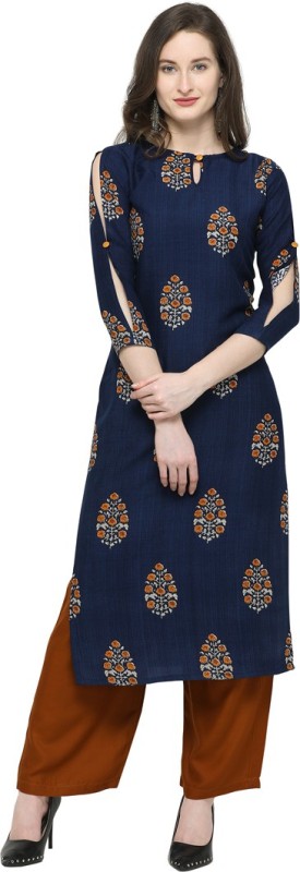 Women Printed, Block Print, Floral Print Cotton Rayon Blend Straight Kurta Price in India