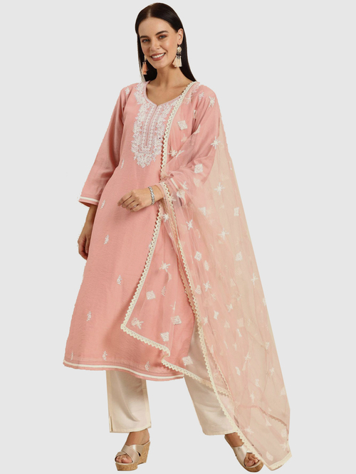 Soch Blush Pink & Off-White Cotton Embroidered Kurta Pant Set With Dupatta Price in India