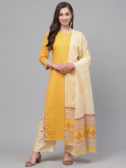 Indo Era Yellow & Beige Cotton Floral Print Kurta Palazzo Set With Dupatta Price in India