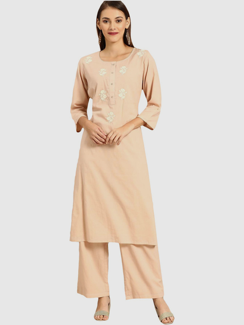 Soch Beige Cotton Embroidered Kurta Pant Set Price in India