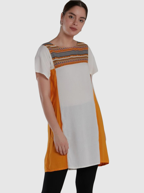 Imara White & Mustard Printed A Line Kurti Price in India