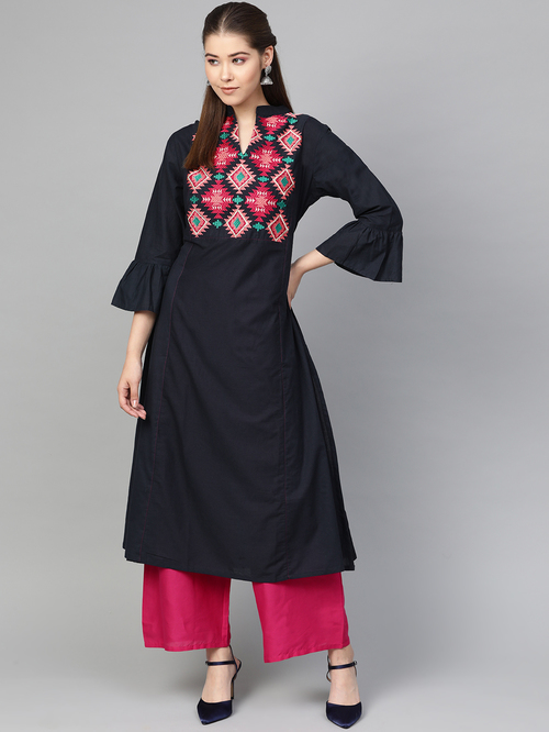 Bhama Couture Navy & Pink Cotton Embroidered Kurta Palazzo Set Price in India