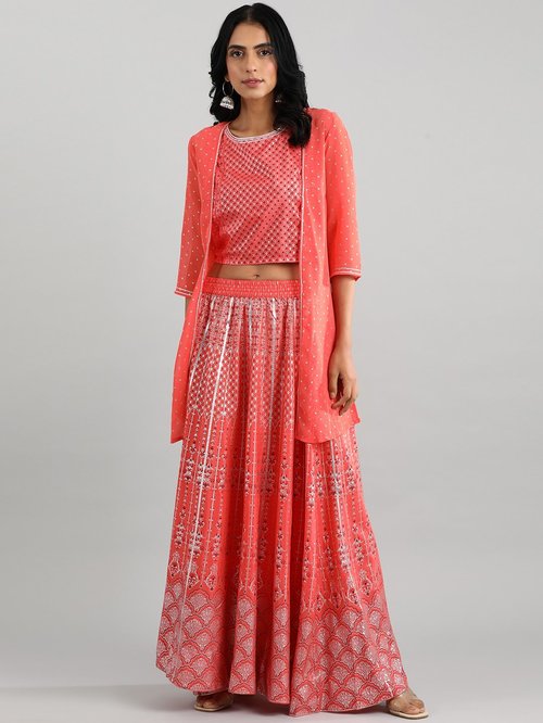 Aurelia Coral Printed Top Skirt Set With Gilet Price in India