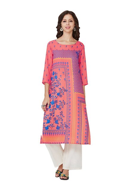 Global Desi Red Floral Print Polyester Kurta Price in India