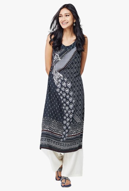 Global Desi Black Peacock Print Kurta Price in India