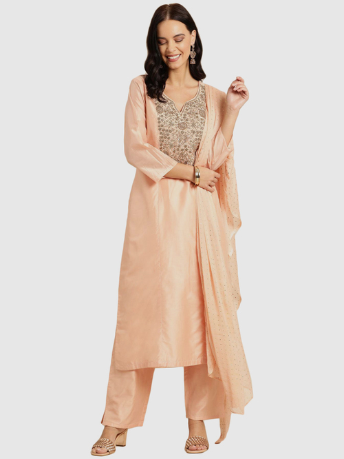 Soch Peach Embellished Kurta Pant Set With Dupatta Price in India