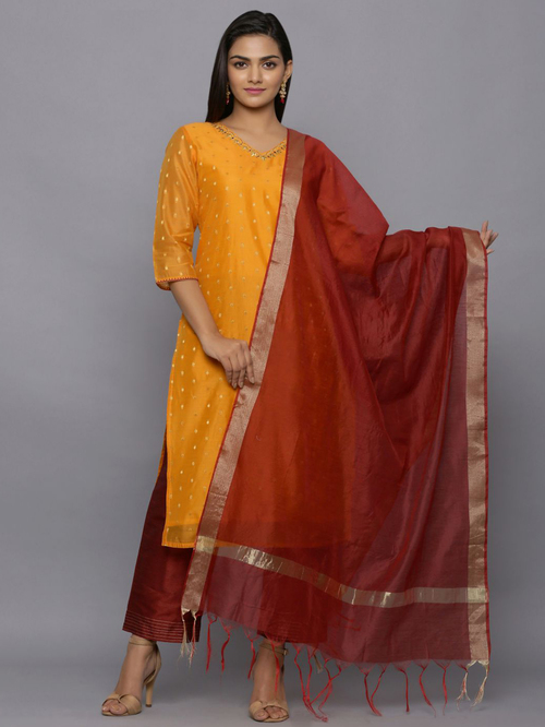 Amaiva Mustard & Maroon Woven Pattern Kurta Palazzo Set With Dupatta Price in India