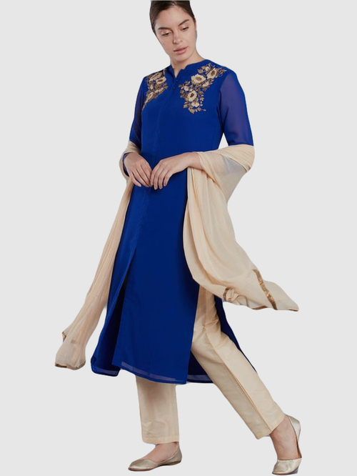 Imara Royal Blue & Beige Zari Work Kurta Pant Set With Dupatta Price in India