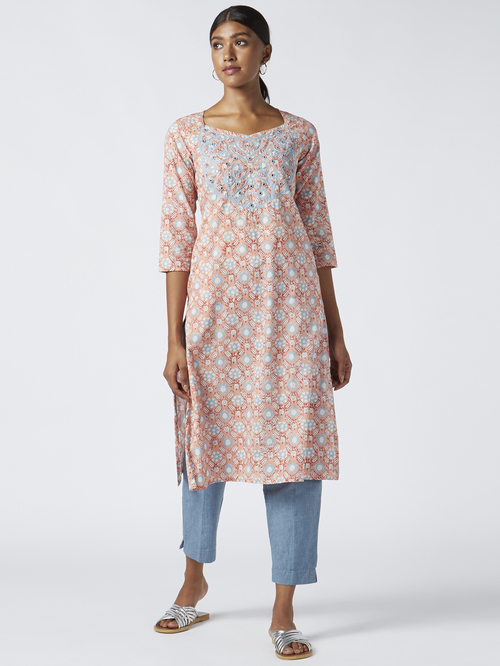 Okhai Sasmira Peach & Sky Blue Pure Cotton Embellished Straight Kurta Price in India