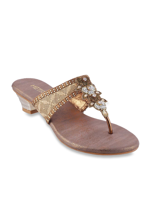 Metro Antique Gold T-Strap Sandals Price in India