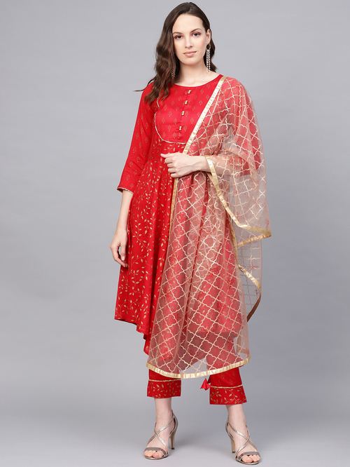 Jaipur Kurti Red Printed Kurta Pant Set With Dupatta Price in India