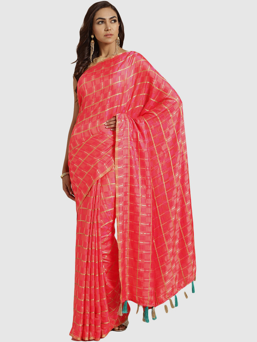 Chhabra 555 Coral Chequered Saree With Blouse Price in India