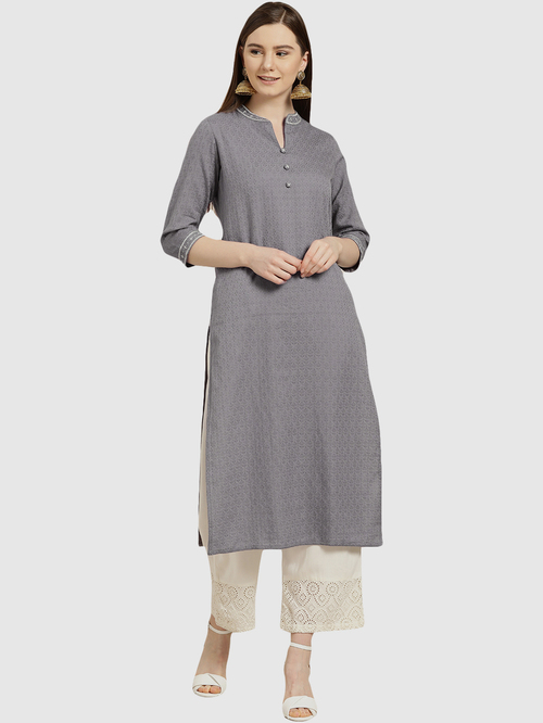 Jaipur Kurti Women's Grey cotton dobby straight embroidered kurta Price in India