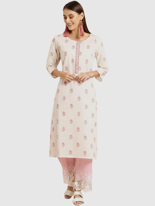 Soch White & Pink Cotton Floral Print Kurta Palazzo Set Price in India