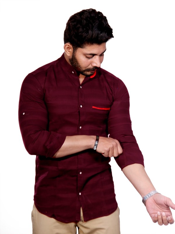 Men Striped Casual Mandarin Shirt Price in India