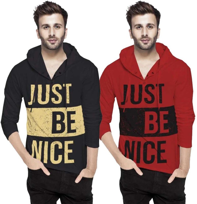 Printed Men Hooded Neck Red, Black T-Shirt Price in India