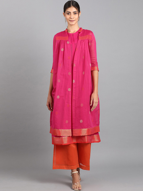 W Pink & Orange Solid Kurti Palazzo Set With Jacket Price in India