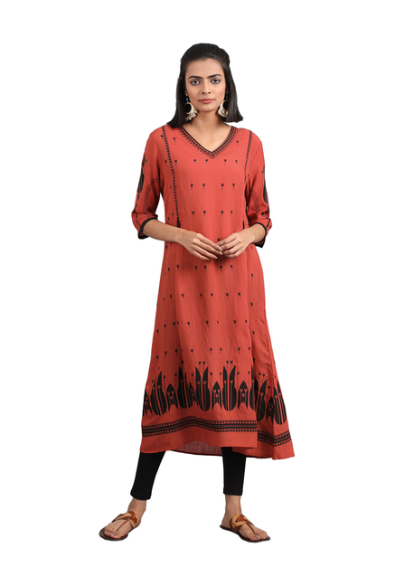 W Orange Printed A Line Kurti Price in India