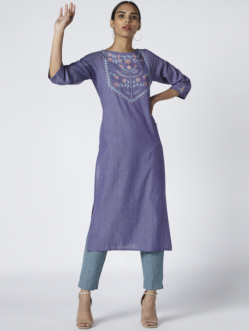 Okhai Clio Purple Pure Cotton Hand Embroidered Straight Kurta Price in India