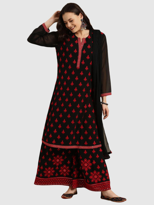 Soch Black Embroidered Kurta Palazzo Set With Dupatta Price in India