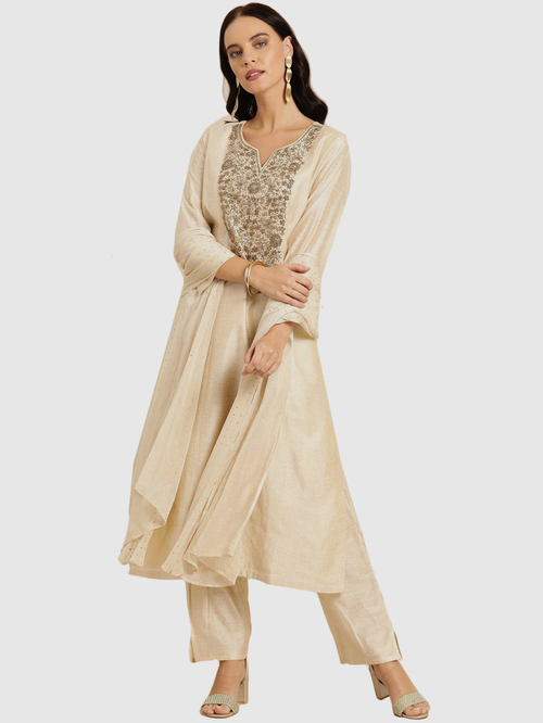 Soch Beige Embellished Kurta Pant Set With Dupatta Price in India