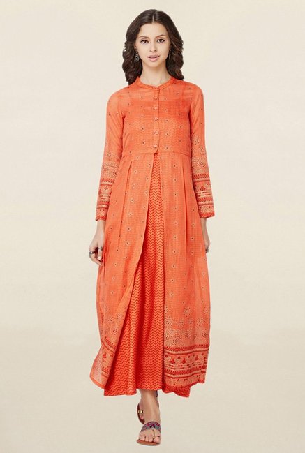 Global Desi Orange Embroidered Suit Set Price in India