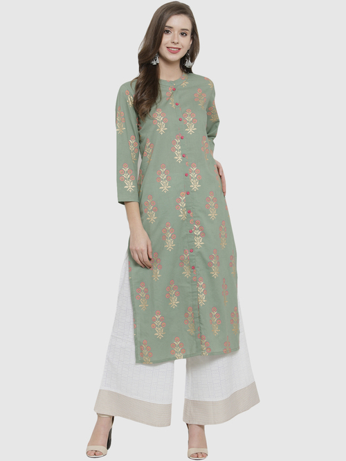 KSUT Green & White Cotton Floral Print Kurta Palazzo Set Price in India