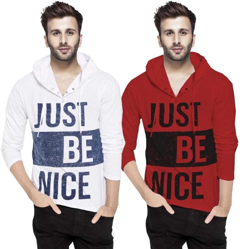 Printed Men Hooded Neck Red, White T-Shirt Price in India