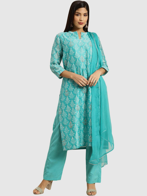 Soch Turquoise Printed Kurta Pant Set With Dupatta Price in India