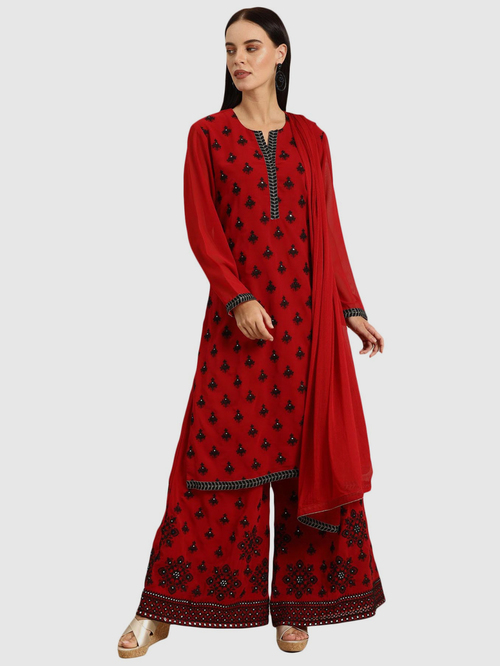 Soch Red Embroidered Kurta Palazzo Set With Dupatta Price in India