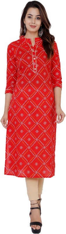 Women Printed Cotton Chambray Blend Straight Kurta Price in India