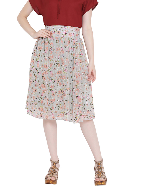 Oxolloxo Brown Floral Print Fresh Knee Length Skirt Price in India