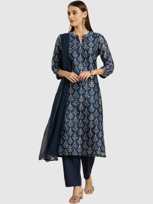 Soch Teal Blue Printed Kurta Pant Set With Dupatta Price in India