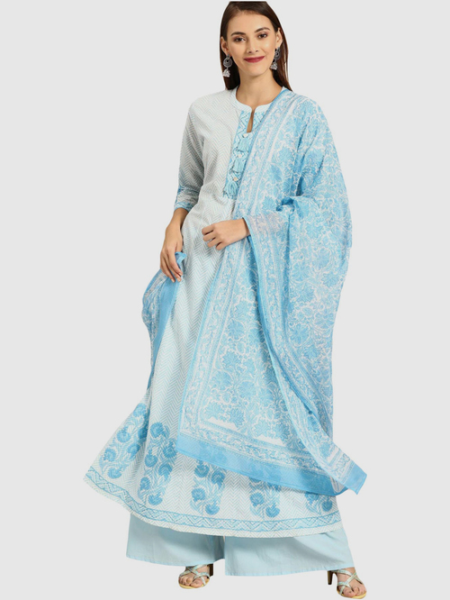 Soch Blue Cotton Floral Print Kurta Palazzo Set With Dupatta Price in India