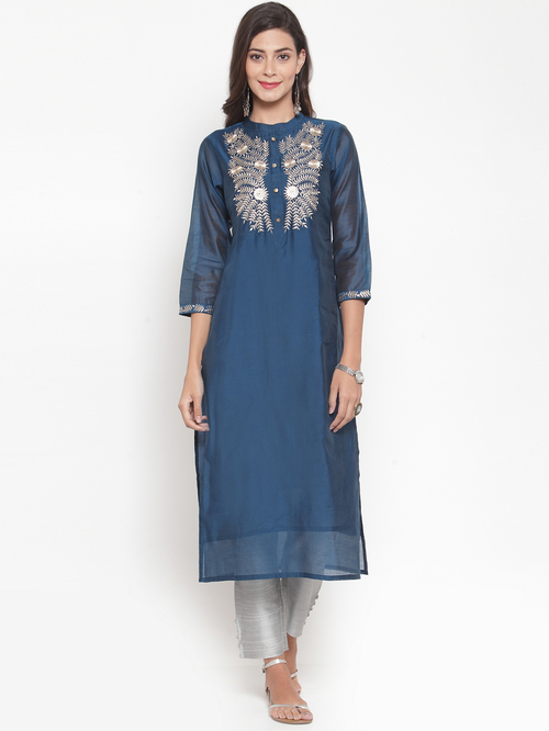 Varanga Blue & Grey Embroidered Kurti Pant Set Price in India