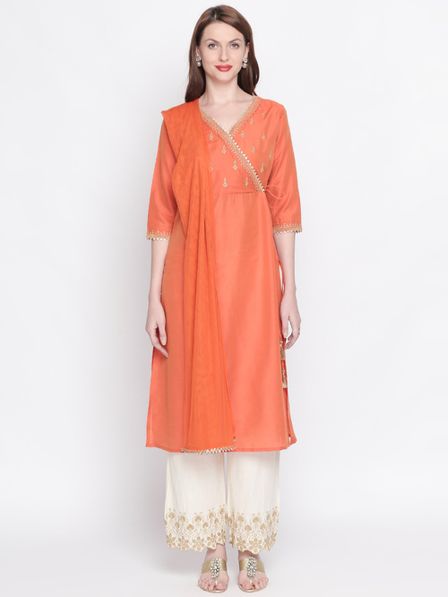 Rangmanch by Pantaloons Orange Embroidered Kurta, Pants & Dupatta Set Price in India