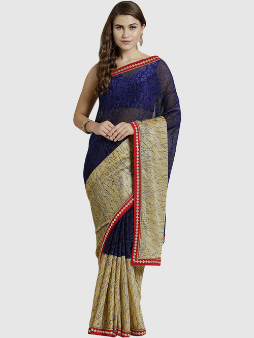 Chhabra 555 Royal Blue Printed Saree With Blouse Price in India