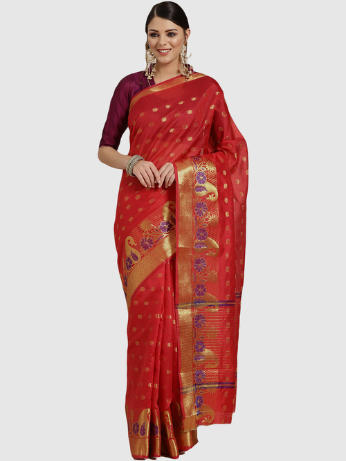 Chhabra 555 Red Cotton Woven Banarasi Saree With Blouse Price in India