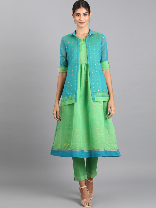 W Green Embellished Kurti Pant Set With Jacket Price in India