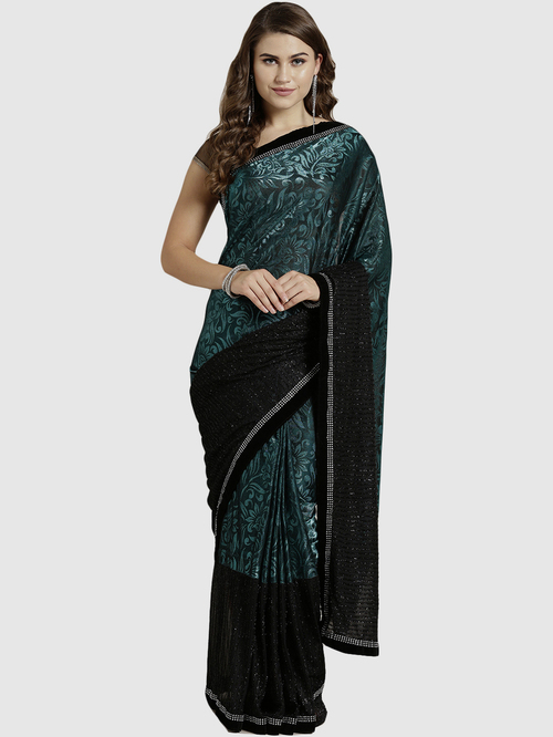 Chhabra 555 Teal Green & Black Printed Saree With Blouse Price in India