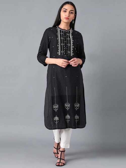 W Black Cotton Embroidered Straight Kurta Price in India