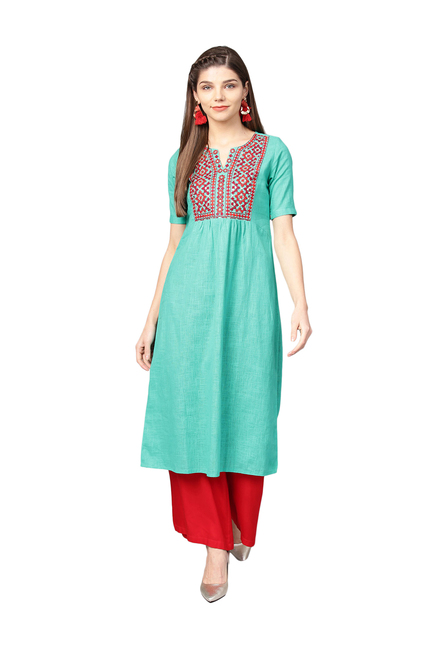 Jaipur Kurti Turquoise Cotton Embroidered A Line Kurti Price in India