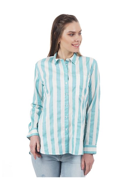 Pepe Jeans Teal & White Striped Shirt Price in India