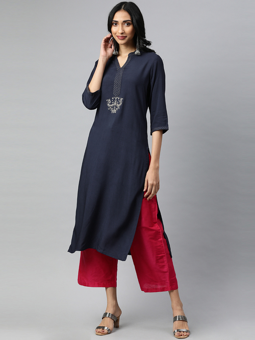 Jaipur Kurti Navy Embroidered Straight Kurta Price in India