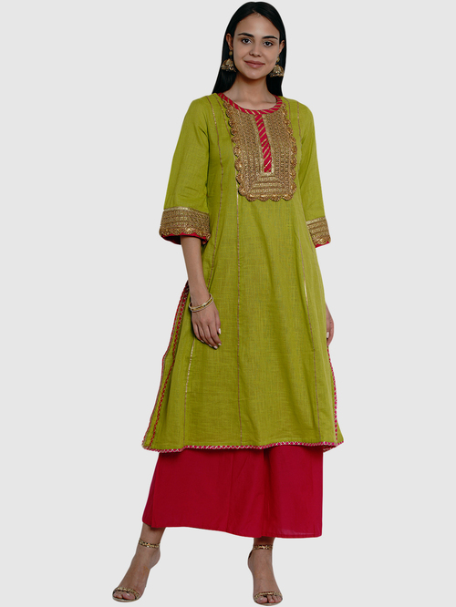 Bhama Couture Green & Pink Cotton Embroidered Kurta Palazzo Set Price in India