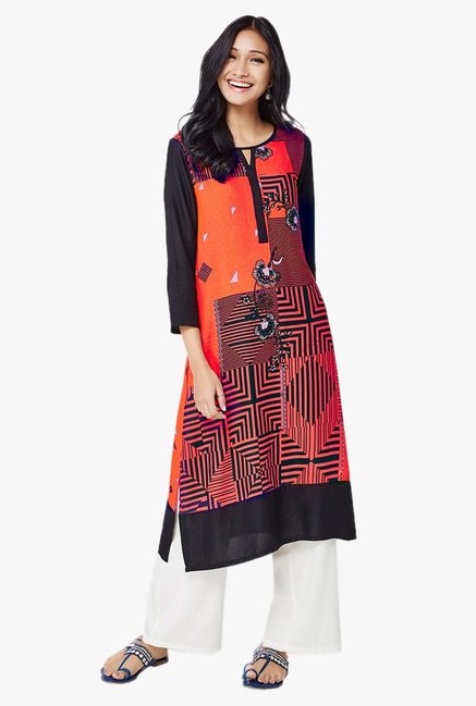 Global Desi Orange & Black Printed Kurta Price in India