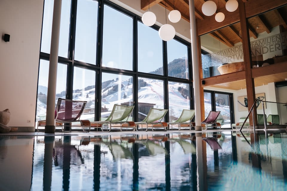 The Glemmtalerhof in Hinterglemm features a relaxing pool area with scenic mountain views.