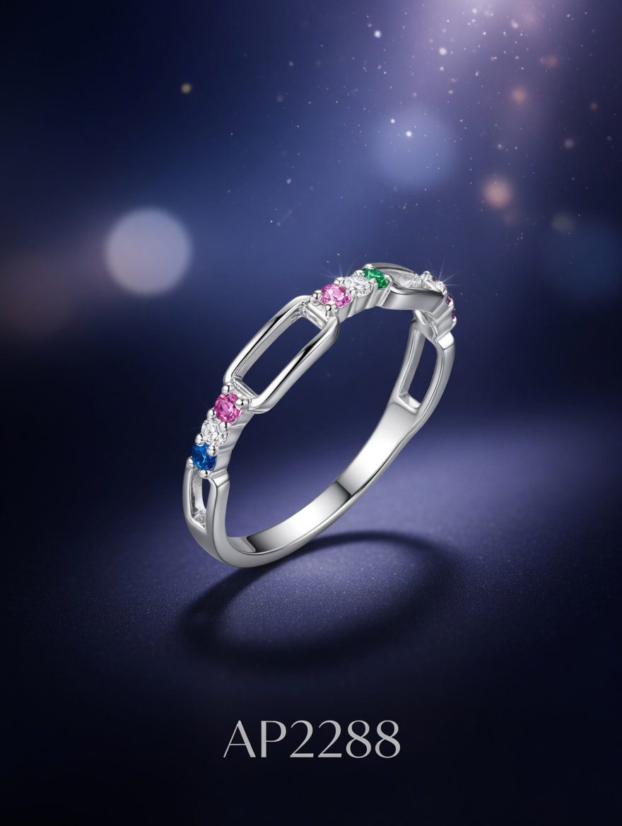 ANILLO ZIRCONES CADENAS PLATEADO . IMP. - miniatura 1