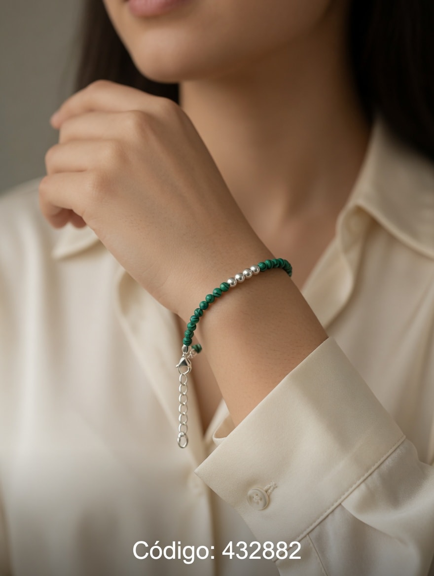 PULSERA CON MALAQUITA Y BOLAS PLAT. IMPORTANTE - miniatura 3