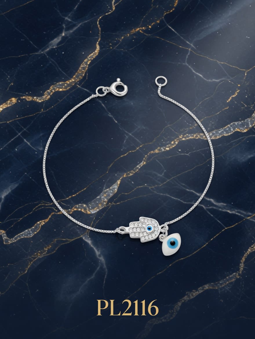 PULSERA CON OJO TURCO Y MANO PLATEADA IMP. - miniatura 3